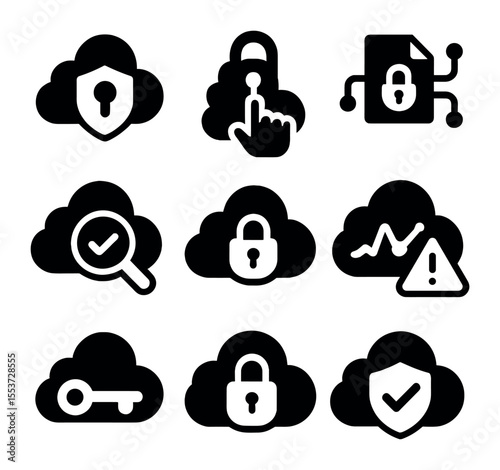 Cloud Security Icons. Solid, filled icons set of cloud security: data shield, access control, encrypted file,