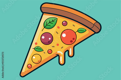 Colorful and delicious slice of pizza with toppings on a vibrant background showcasing a playful food illustration