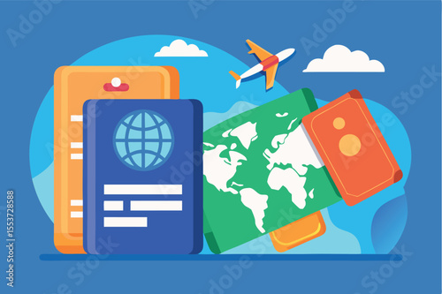Travel essentials including passport, tickets, and plane flying in a clear blue sky