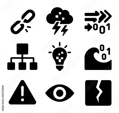 Digital Disruption Icons. Solid, filled icons set of digital disruption: broken chain, tech storm, shift icon,
