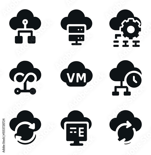 Cloud Orchestration Icons. Solid, filled icons set of cloud orchestration: automation flow, server node,