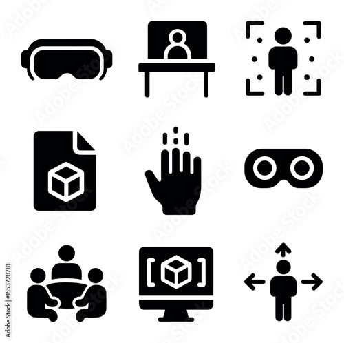 Virtual Reality Icons. Solid, filled icons set of virtual reality work: VR headset, virtual desk, remote