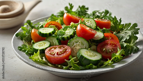 Freshly sliced tomatoes and cucumbers mixed in a light salad. Natural and refreshing meal.