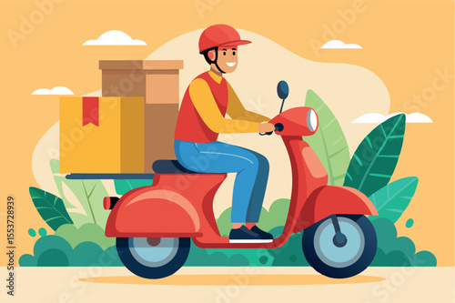 Delivery rider on red scooter transporting packages through a vibrant landscape in a sunny day