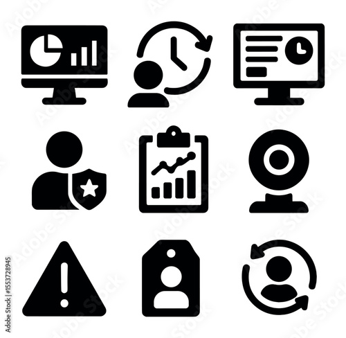 Employee Monitoring Icons. Solid, filled icons set of employee monitoring: dashboard icon, time tracker,