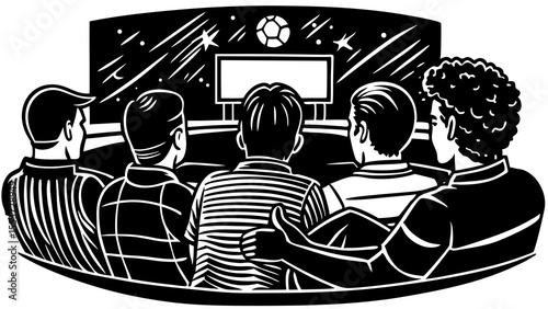 Vector illustration of friends watching a soccer game on television for sports and entertainment
