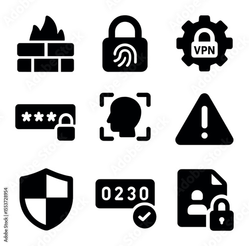 Cybersecurity Icon Set. Solid, filled icons set of cyber workspace: firewall, digital lock, VPN gear, password