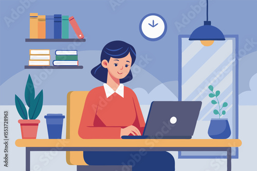 Young woman working on laptop at cozy desk in well-organized office with books and plants in the background during daytime