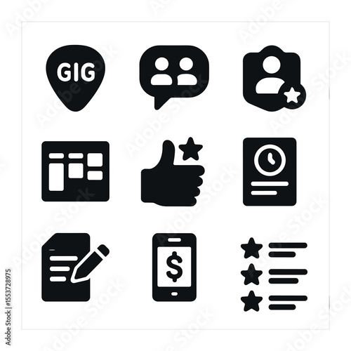 Freelance Network Icons. Solid, filled icons set of freelance networks: gig icon, client chat, profile badge,