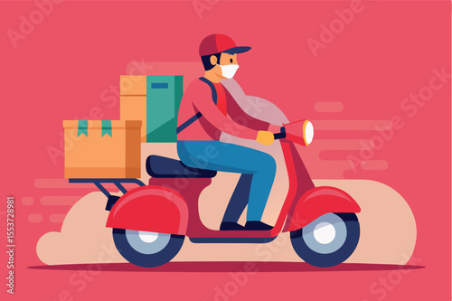 Delivery rider on a red scooter navigating through a vibrant city background with packages