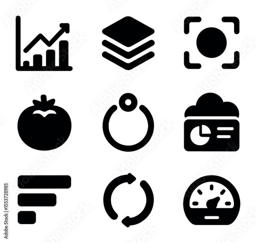 Productivity Icon Set. Solid, filled icons set of productivity ecosystems: tracker chart, app stack, focus
