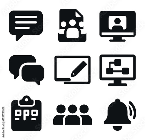Collaborative Platforms Icons. Solid, filled icons set of collaborative platforms: chat board, group file,