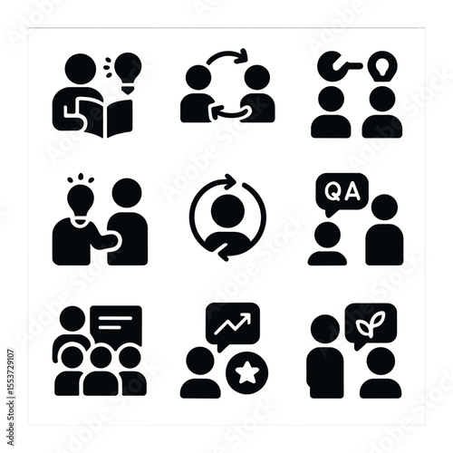 Peer Learning Icons. Solid, filled icons set of peer learning: knowledge share, feedback cycle, skill swap,