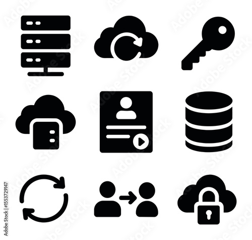 Cloud Infrastructure Icons. Solid, filled icons set of cloud infrastructure: data center, backup cloud, access