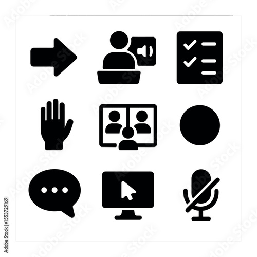 Digital Meetings Icons. Solid, filled icons set of digital meetings: join icon, speaker box, agenda icon, hand