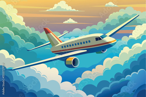 Airplane flying through colorful clouds during sunset in a serene sky