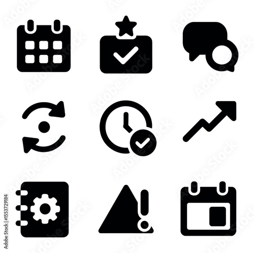 Smart Scheduling Icons. Solid, filled icons set of smart scheduling: calendar grid, auto slot, meeting tag,