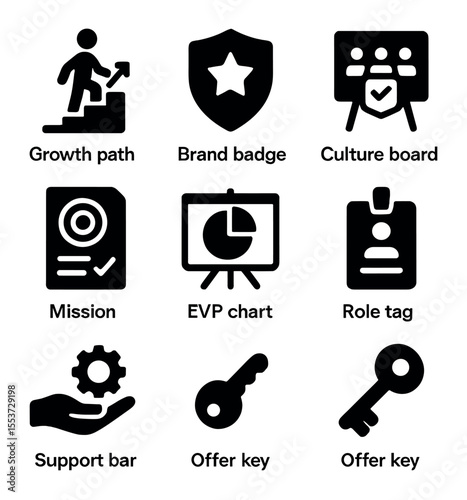 Employee Value Icons. Solid, filled icons set of employee value proposition: growth path, brand badge, culture