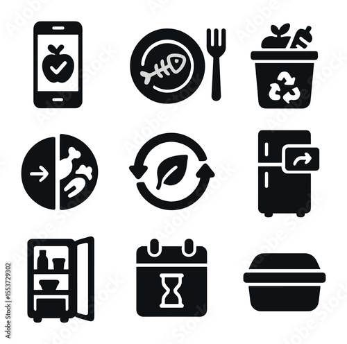 Food Waste Reduction Icons. Solid, filled icons set of food waste reduction: food tracker, leftover icon,