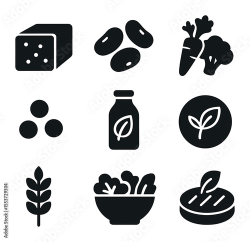 Plant-Based Icons Grid. Solid, filled icons set of plant-based eating: tofu block, beans, vegetables, lentils,