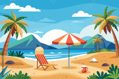 Relaxing beach setting with palm trees and mountain backdrop under a sunny sky