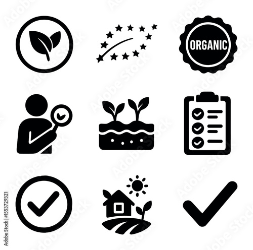 Organic Certification Icons. Solid, filled icons set of organic certification: USDA icon, EU leaf, organic
