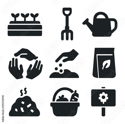 Community Gardening Icons. Solid, filled icons set of community gardening: raised bed, garden fork, water can,