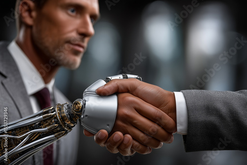 Handshake of Innovation: A human and a robotic hand shake in a modern, futuristic setting. The image captures a moment of collaboration and progress.