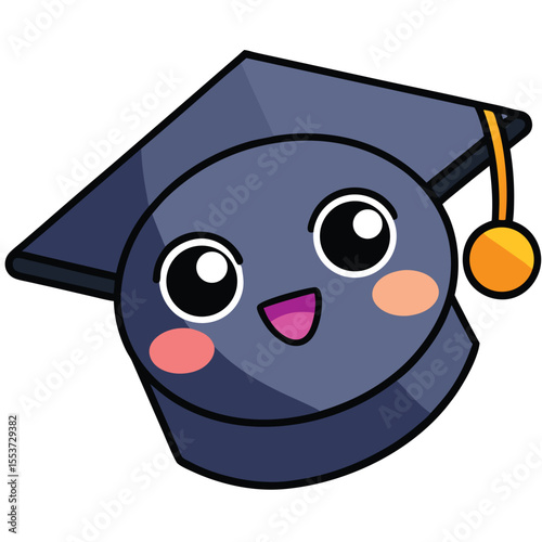 Adorable graduation cap character smiles cheerfully with large eyes on a transparent background