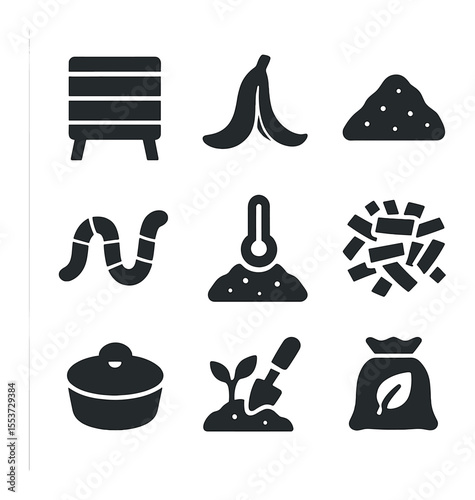 Composting Icon Set. Solid, filled icons set of composting: compost bin, banana peel, soil icon, worm, compost