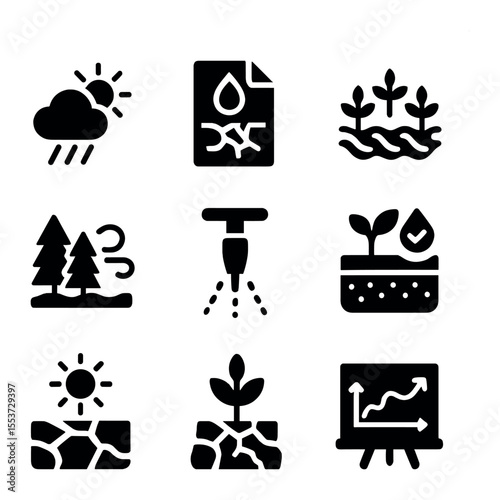 Climate-Smart Farming Icons. Solid, filled icons set of climate-smart farming: weather icon, drought plan,