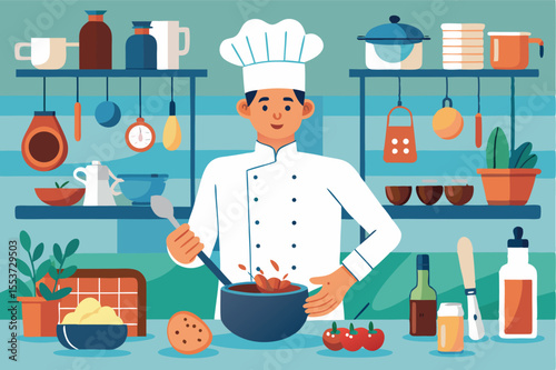 Chef prepares a delicious meal in a colorful kitchen while using fresh ingredients and modern cookware