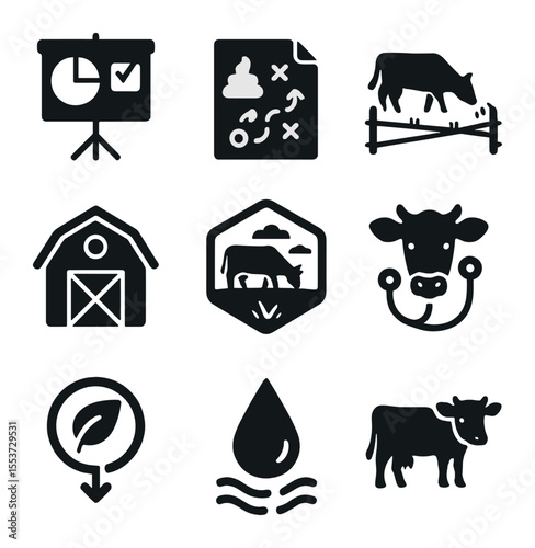 Sustainable Livestock Icons. Solid, filled icons set of sustainable livestock: feed chart, manure plan,