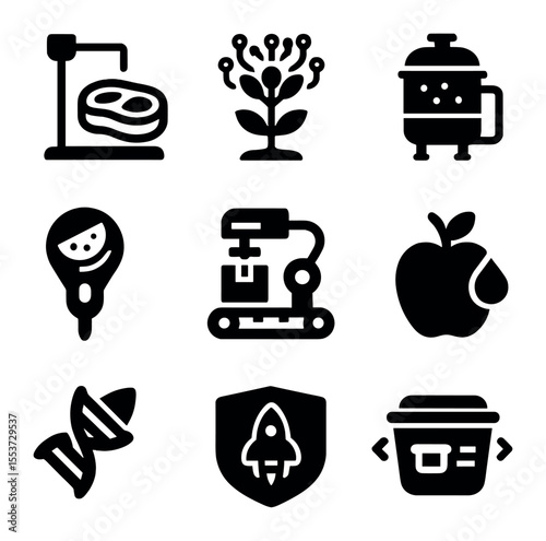 Innovative Food Icons. Solid, filled icons set of food innovation: lab grown meat, AI farming, fermentation