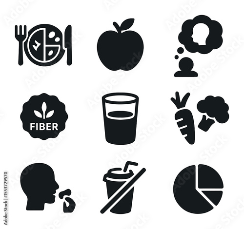 Clean Eating Icons. Solid, filled icons set of clean eating habits: balanced plate, whole food icon, mindful