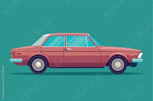 Vintage sedan is parked against a solid turquoise background showcasing retro design features and vibrant color scheme