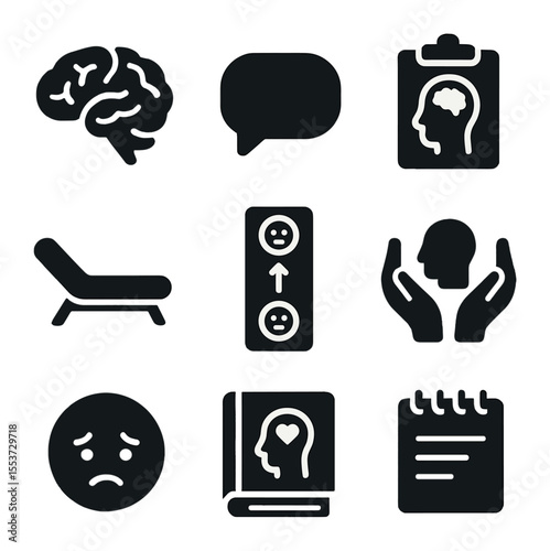 Psychology Icon Set. Solid, filled icons set of psychologists: brain icon, speech bubble, clipboard, therapy