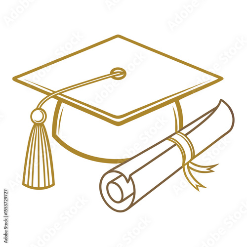 Golden graduation cap and diploma with ribbon are illustrated against white background