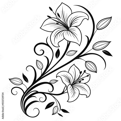 A black and white, high contrast, digital drawing of a symmetrical, floral pattern. The design features a central flower with multiple petals, surrounded by a series of smaller, identical flowers. The