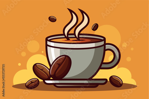 Steaming cup of coffee with roasted beans on a vibrant orange background
