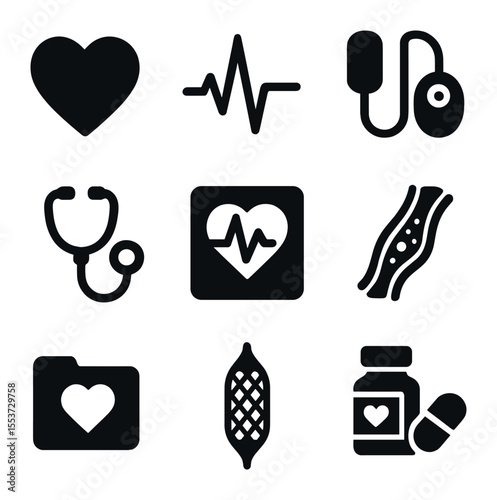 Cardiology Icon Set. Solid, filled icons set of cardiologists: heart icon, EKG line, blood pressure cuff,