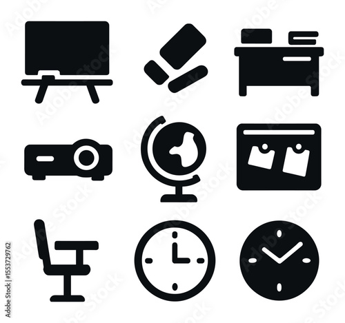 Classroom Tools Icons. Solid, filled icons set of classroom tools: blackboard, chalk, eraser, teacher desk,