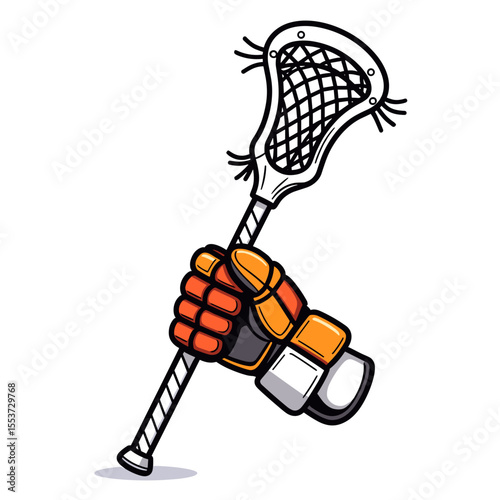 Cartoon Illustration of a Hand Holding a Lacrosse Stick with Protective Glove, Sport Equipment