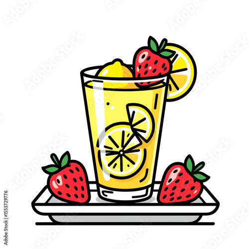 Refreshing Lemonade with Strawberries and Lemon Slices on a Tray, Vector Illustration