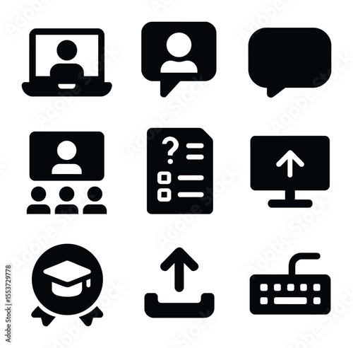 Online Learning Icons. Solid, filled icons set of online learning: laptop, video call, chat bubble, virtual