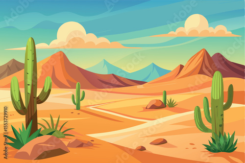 Colorful desert landscape with cacti and mountains during sunset in a serene environment