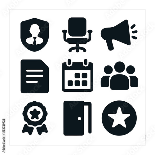 Educational Leadership Icons. Solid, filled icons set of educational leadership: principal badge, office chair