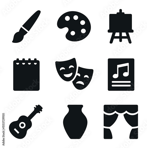 Arts Education Icons. Solid, filled icons set of arts education: paintbrush, palette, easel, sketchpad,