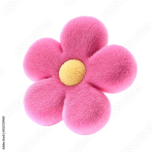 Fluffy pink flower pillow with yellow center on white background isolated studio shot