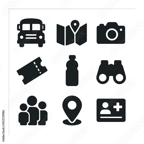 Field Trip Essentials. Solid, filled icons set of field trips: school bus, map, camera, ticket stub, water